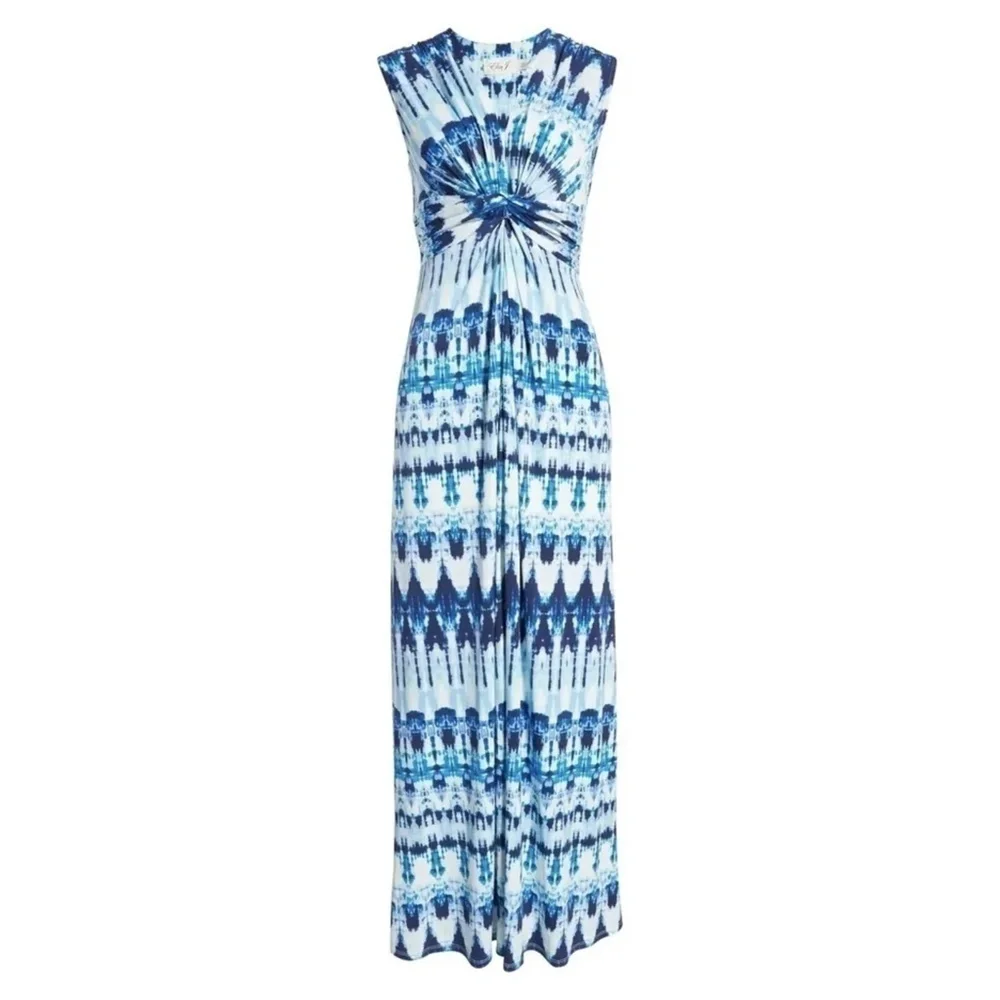 NWT Eliza J Twist Front Tie Dye Sleeveless Knit Maxi Dress in Blue Sz. 6